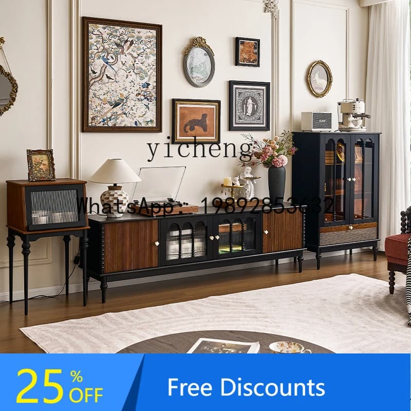 AB  retro all-solid wood wine cabinet  living room integrated with wall, household glass door figure