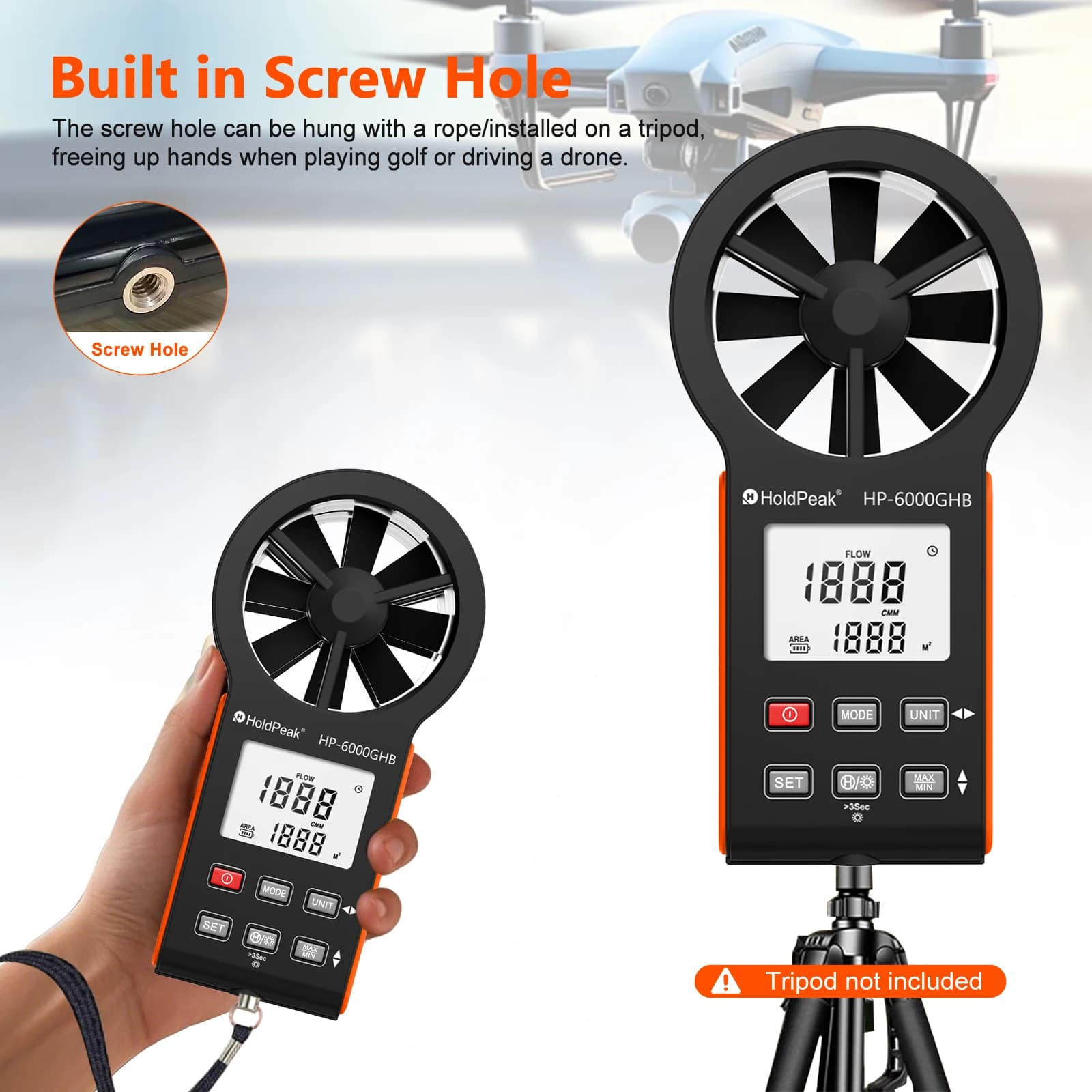 Waterproof Anemometer Air Flow Meter 0.3-30m/s CFM CMM Volume Temperature Type-C Rechargeable for HVAC Duct Ventilation Outdoor