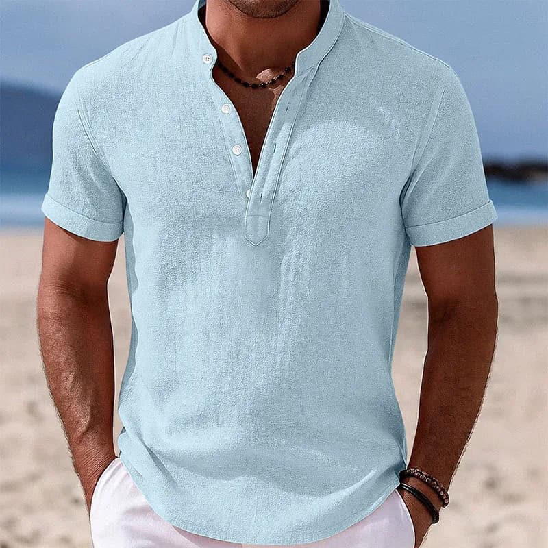 2026 Stand-up Collar Half Cardigan Men's Solid Color Shirt Summer Casual Cotton and Linen Short-sleeved Thin Shirt