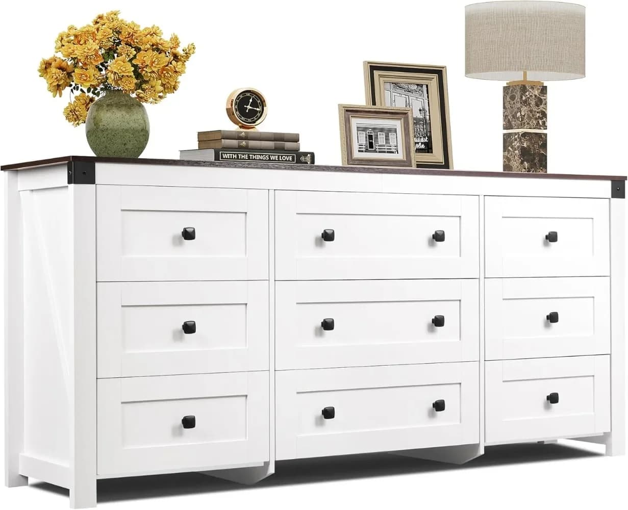 63"Wide 9 Drawer Dresser Storage Organizer, Wood Chest of Drawers for Bedroom