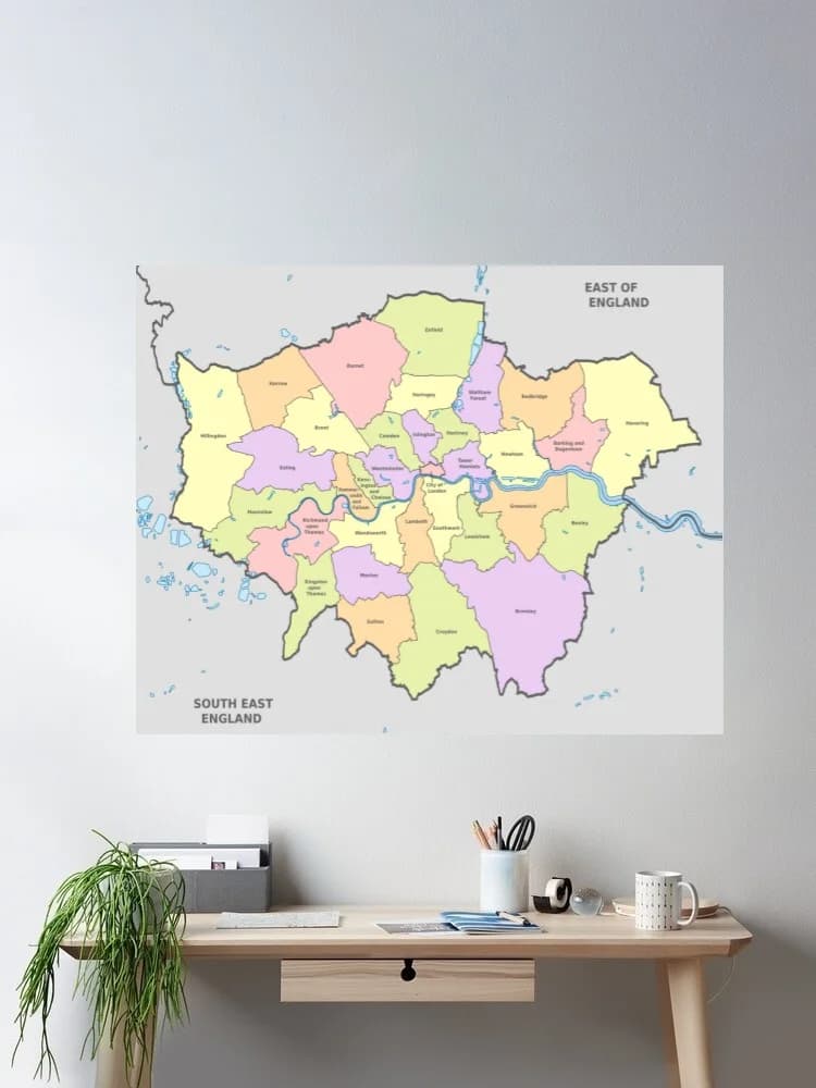 London Boroughs & Districts Map Art Picture Print Silk Poster Home Wall Decor