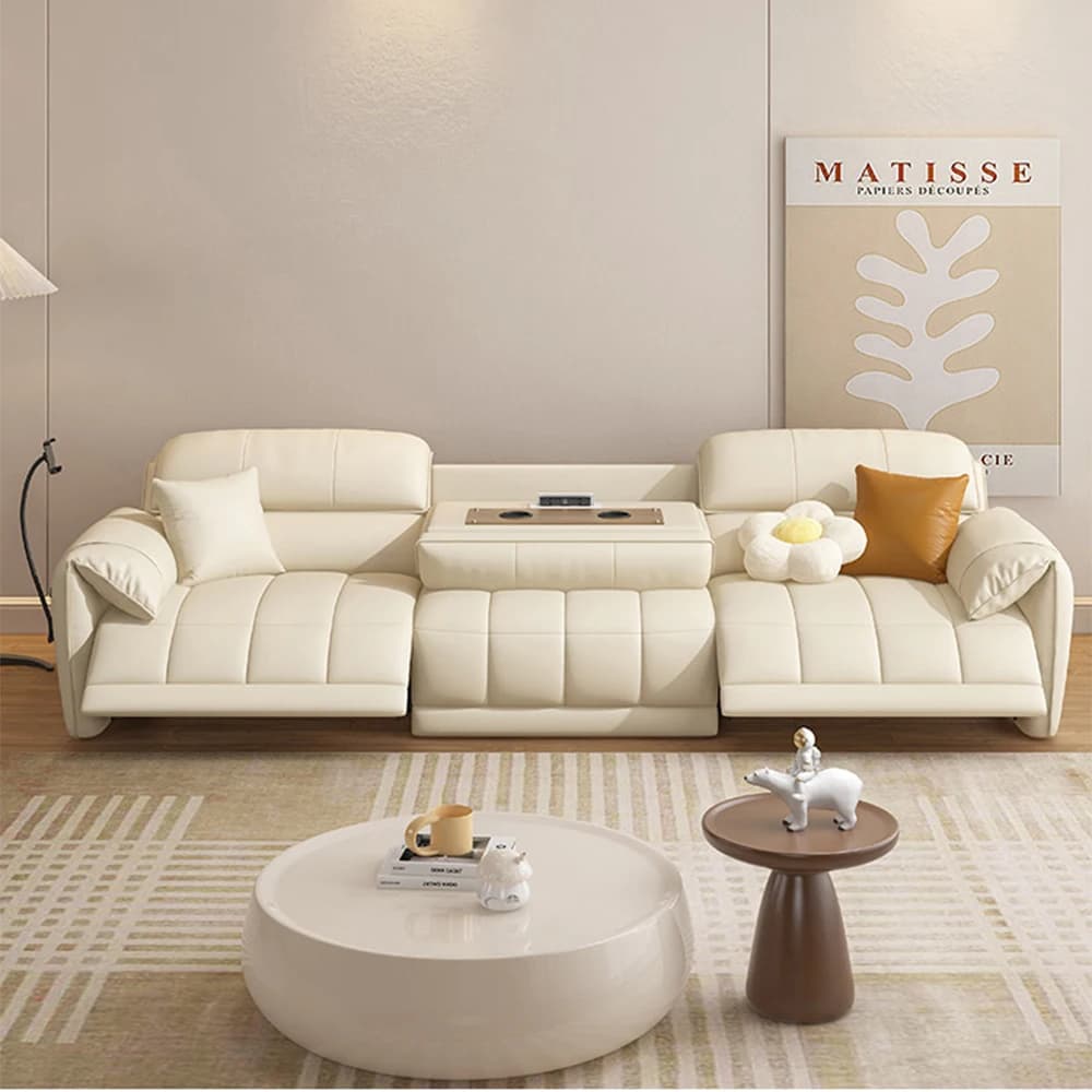 with Adjustable Footrest Modern Electric Reclining Sofa, USB, and Foldable Center Console – Italian Genuine Leather Power Sofa
