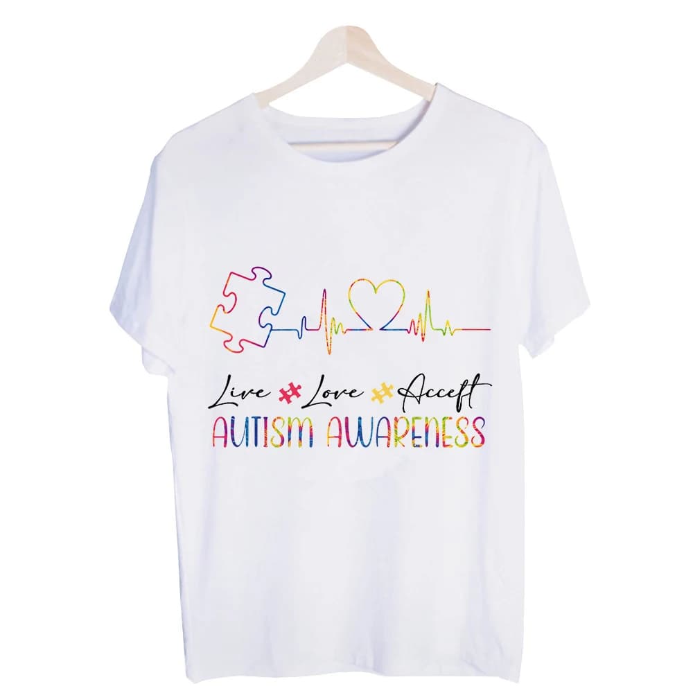 Men's Autism Awareness Puzzle Heart EKG Graphic Tee, Short Sleeve Crew Neck Shirt for Casual Daily Wear