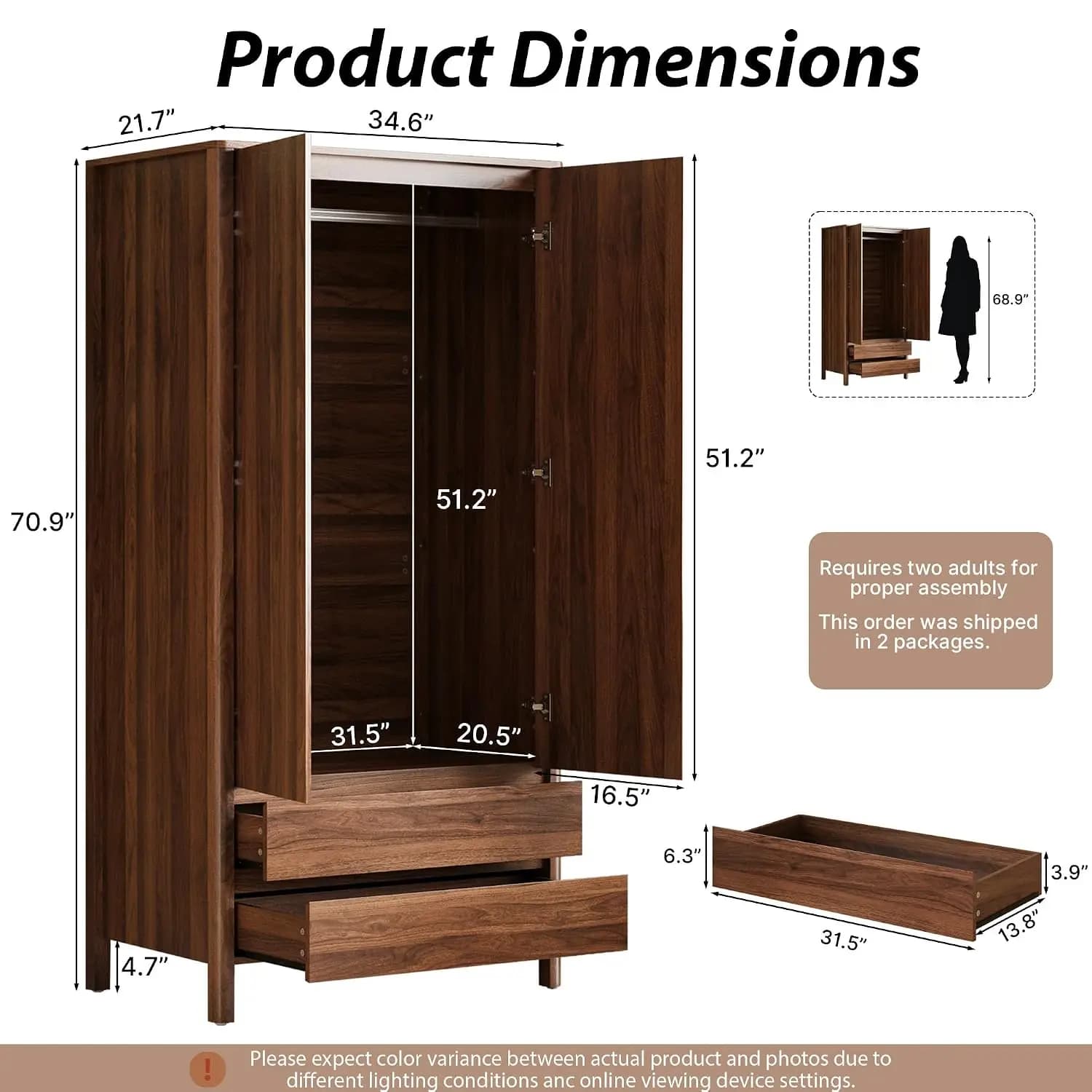 Wardrobe with 2 Doors and 2 Drawers, 70.9”H Modern Walnut Bedroom Armoire Closet with Hidden Handles, Freestanding Wooden Storag
