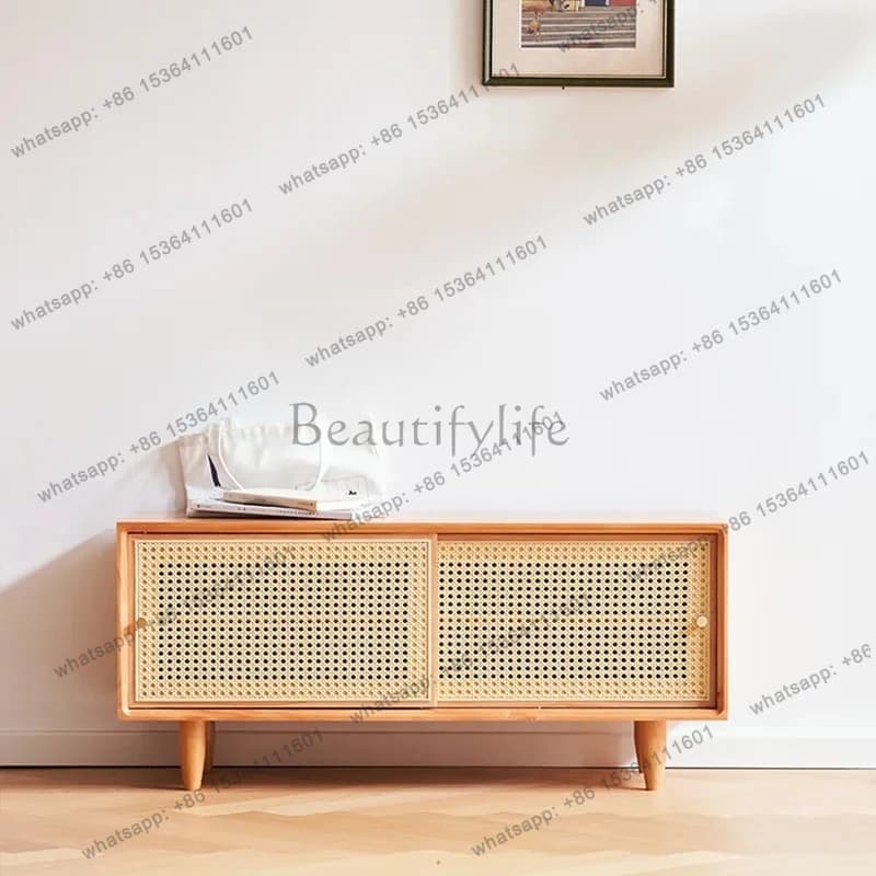 Nordic solid wood low shoe cabinet household seated shoe changing stool narrow entrance entrance integrated against the wall