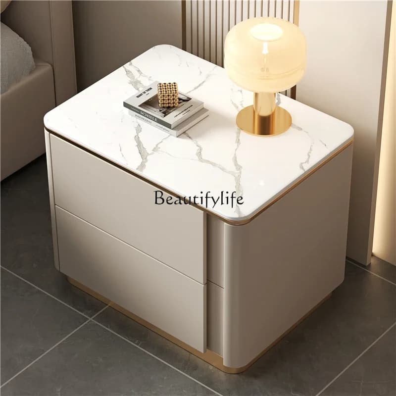 yj21 Bedside table leather simple modern light luxury rock slab countertop all solid wood frame bedroom creative storage bedside