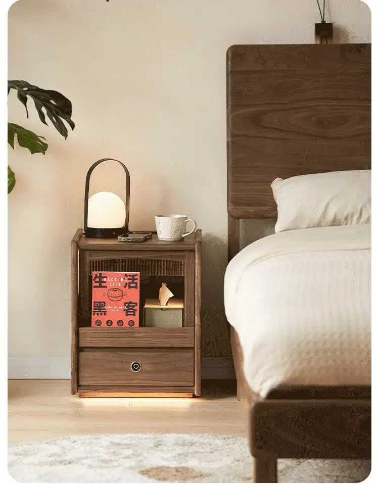 Solid wood smart bedside table, black walnut home bedroom, simple small apartment, bedside storage cabinet