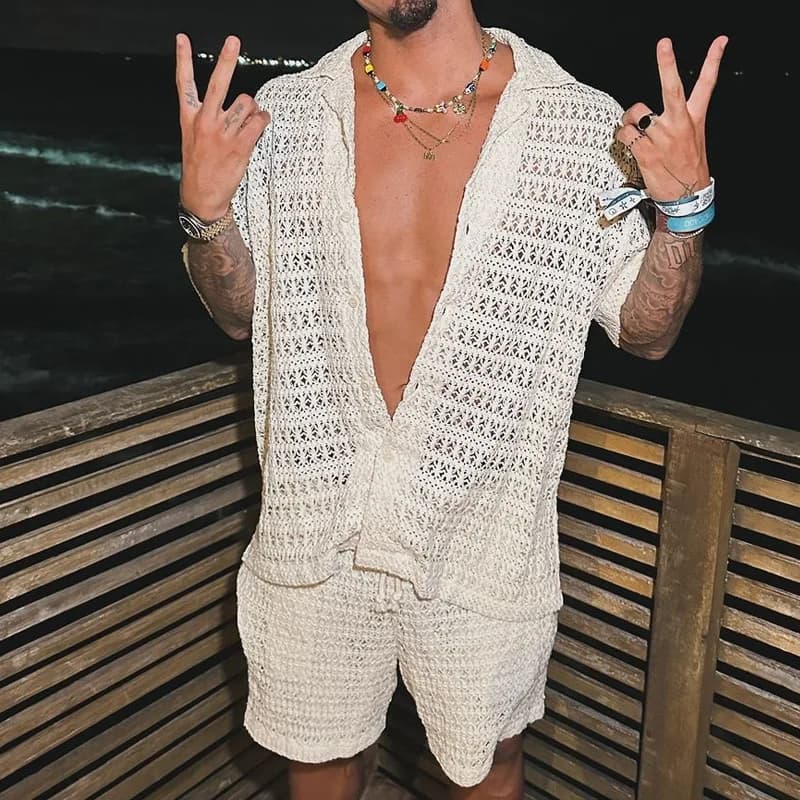 2026 New Fashion Men's Casual Short Sleeve Lapel Button Shirt Shorts Sports Suit