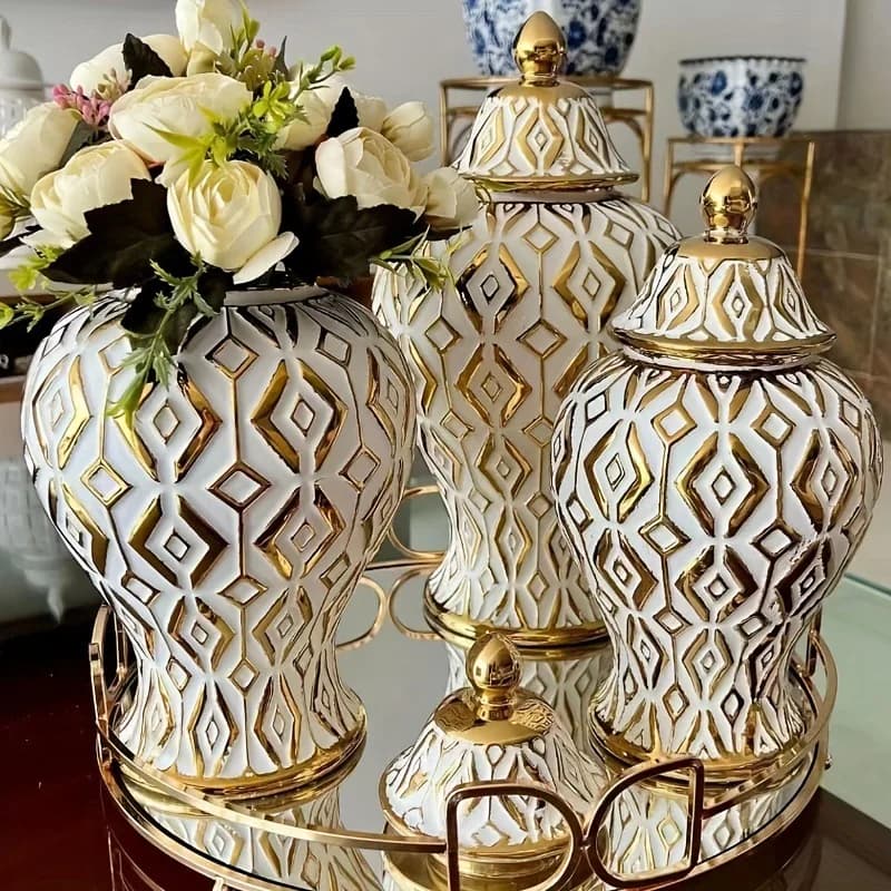 Golden Geometric Stripes General Tank Porcelain Ginger Jar Gold-plated Flowers Vase Dresser Table Jewelry Cosmetic Container