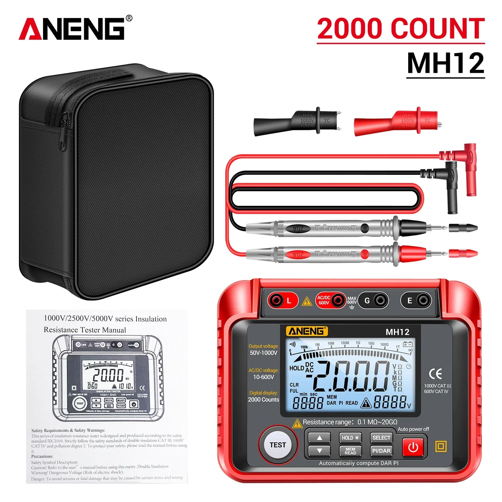 ANENG MH12 Digital Megohmmeter Multi Voltage Output Insulation Tester AC/DC Voltage Measurement Industrial Electrical Test Meter