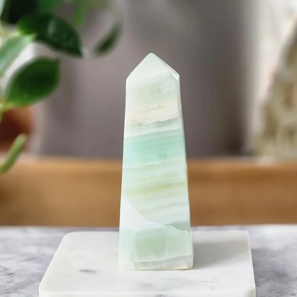 1PC Natural-Like Pistachio Calcite Tower - Bohemian Floral Pattern Polished Finish, Shaft for Spiritual Home/Office/Altar Decor