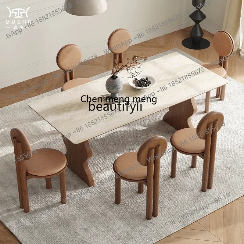 178French retro travertine rock slab rectangular dining table and chair combination simple household dining table