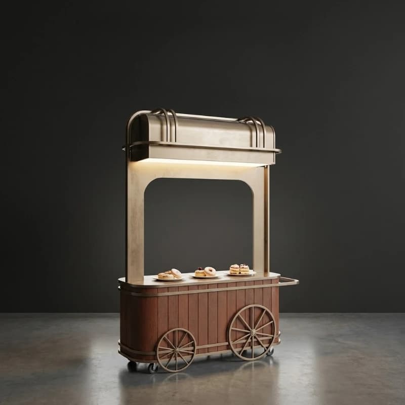 Outdoor stainless steel retro wooden mobile dining cart, multi-functional snack cart with wheels