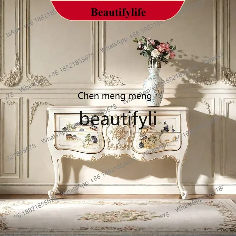 D178  French light luxury painted porch cabinet entry foyer wall storage decoration, European villa carved drawer cabinet