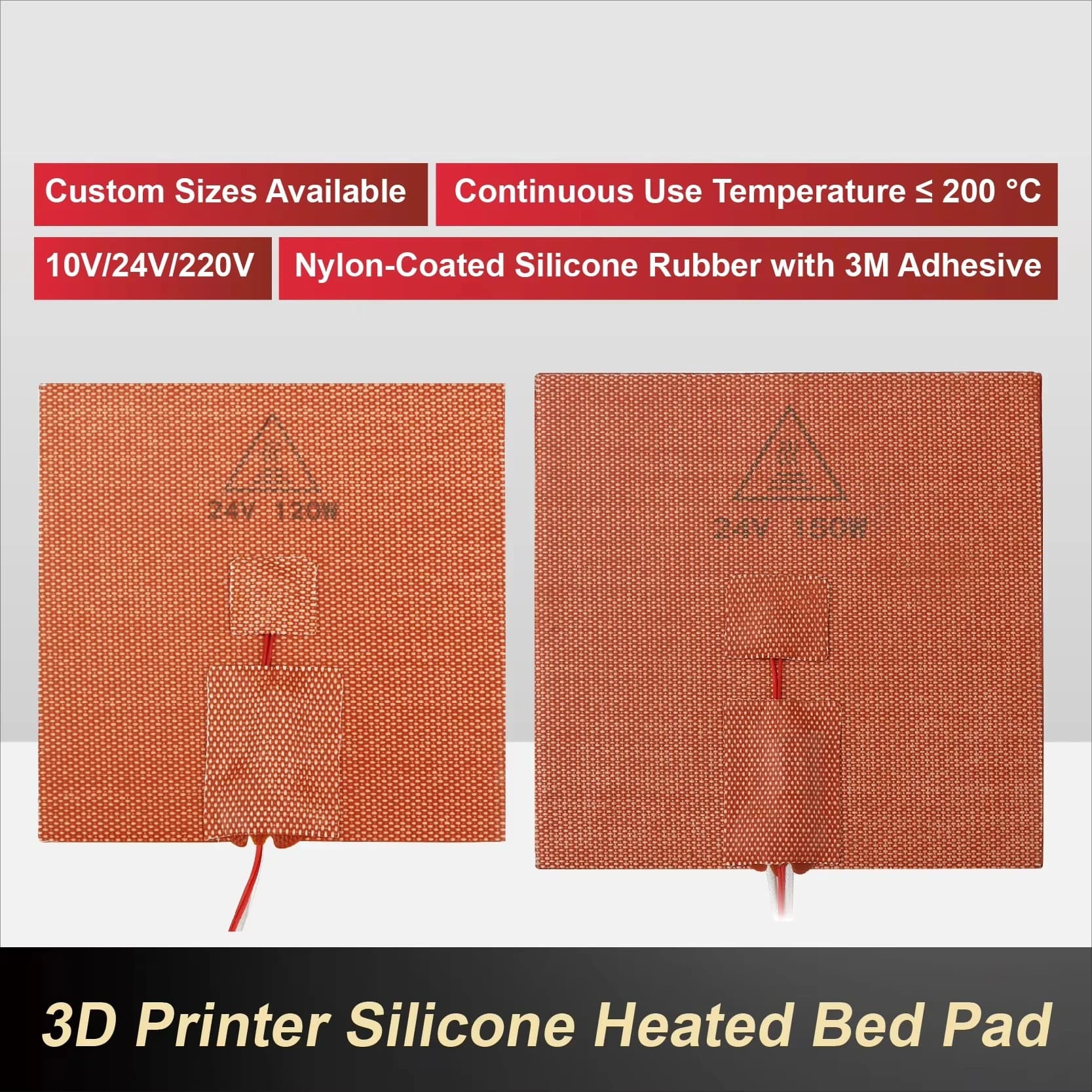 Flexible Heat Bed Silicone Heater Pad for 3D Printer High-Temp Silicone Heating Pad with NTC Thermistor Custom Size Even Heat