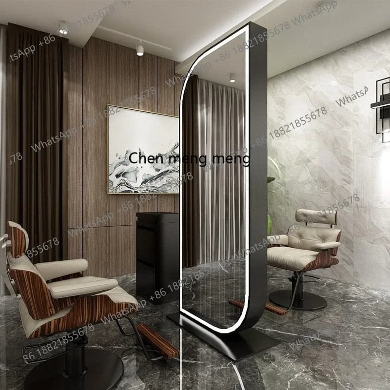 X  High-definition stainless steel barber mirror with light for hair salon, single and double-sided floor mirror