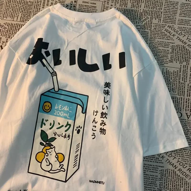 Casual Fashion T-shirt Japanese Ice Drink Cute Cat Print T-shirt Summer Men's Women Short Sleeve Tees Cartoon Graphic Tops White