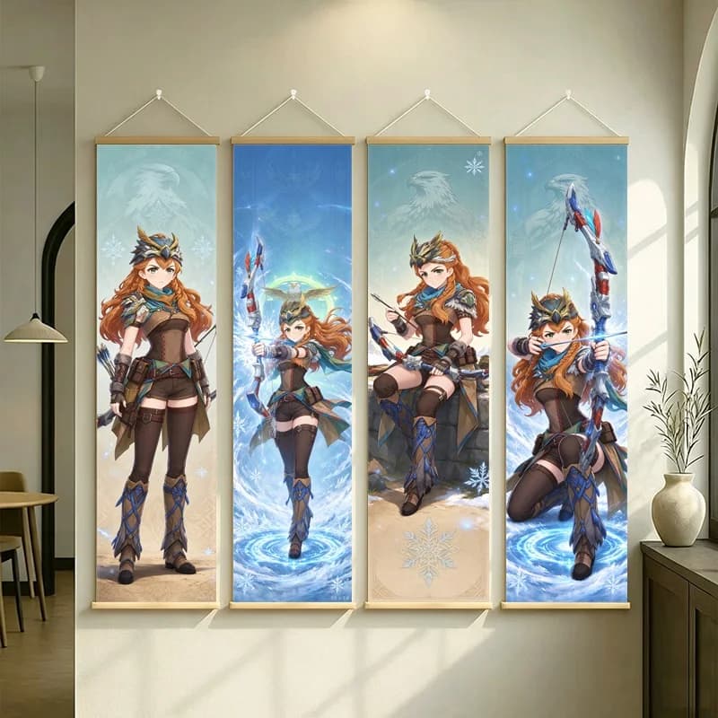 Genshin Impact Aloy Hanging Scroll Wall Art with Red Haired Fantasy Archer, Silver Shimmer Canvas for Bedroom or Game Room