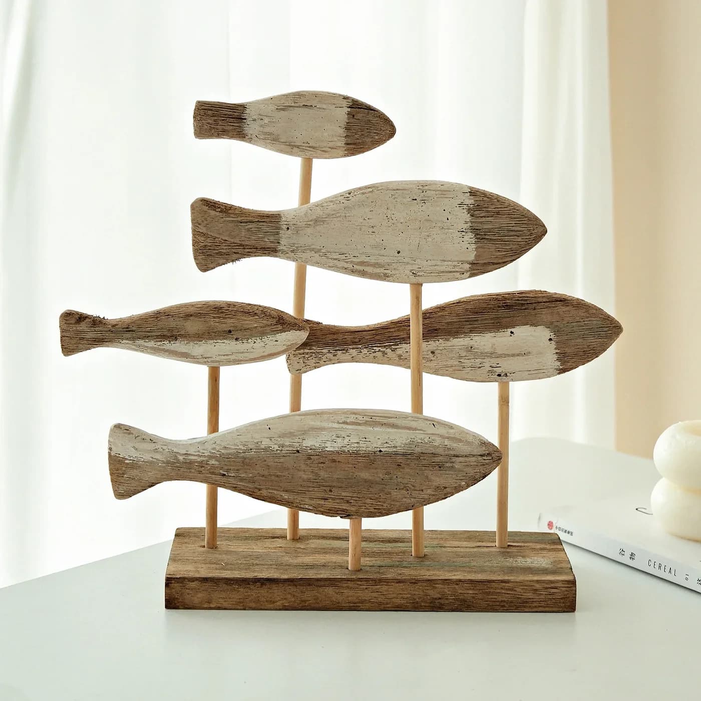 Retro Ocean Style 3D Wooden Shoal of Fish Decorations Creative Mediterranean Hand Carving Desktop Ornaments DIY Bar Home Decor