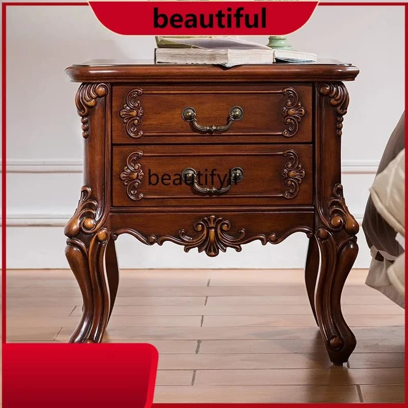 American bedroom retro all solid wood bedside table two drawers carved bedside locker H