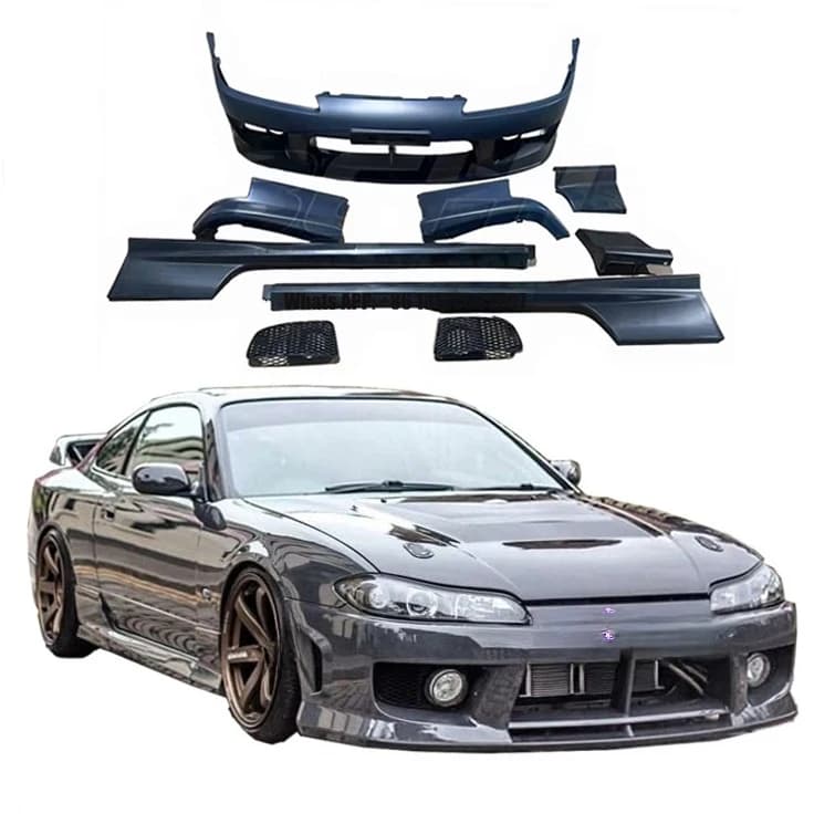 For NISSAN S15 SILVIA Body Kits Part Whole Set PP S15 Front Bumper Side Skirt With Fog Lamp Holes Modification Bodykit Accessory