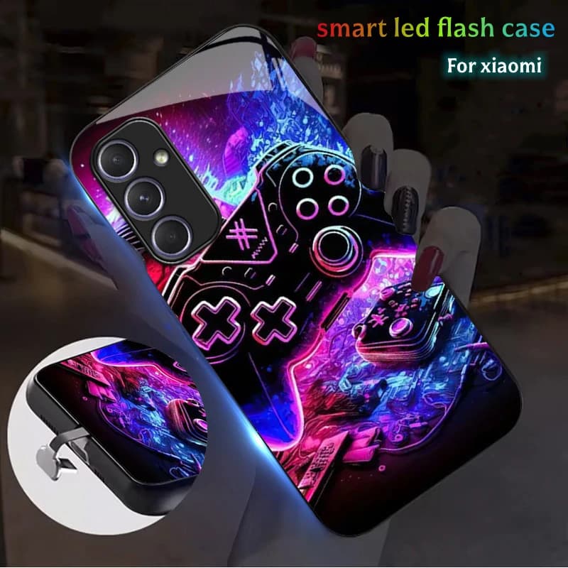 Game Controller Graphic Luminous LED Phone Case For Xiaomi Redmi Note 15 14 13 12 11 10 Pro 4G 5G 15T 14T Light Up Glass Shell