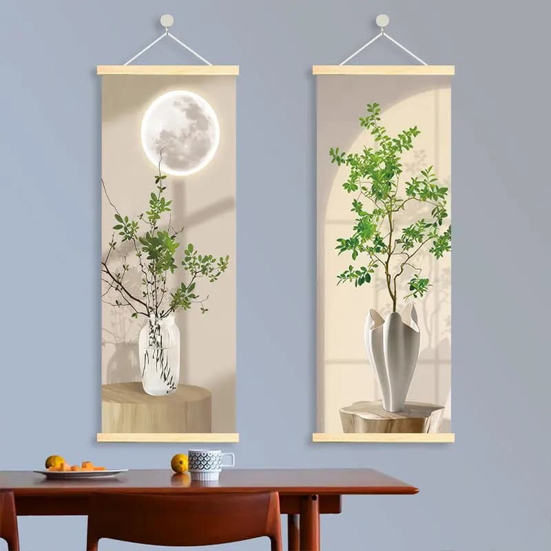 Wall Art Pale Floral Branches and Cream Arch Cream Style Pearlescent Canvas Hanging Scroll with Wooden Rods for Dining Room