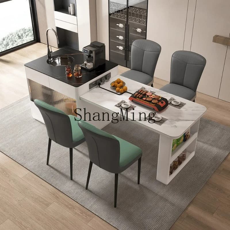 SM slate solid wood island dining table with integrated sink storage minimalist telescopic island bar