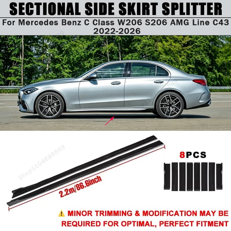 For Benz C Class W206 S206 AMG Line C43 2022-2026 Side Skirts Extension Rocker Panel Splitter 86.6" ABS Plastic Body Kit Tuning