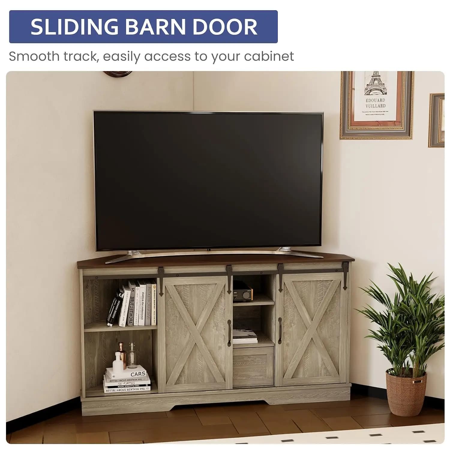 Corner TV Stand for 65 Inch TV - with Sliding Barn Door & Removable Shelves - Indoor Wood Entertainment Center - Media Console
