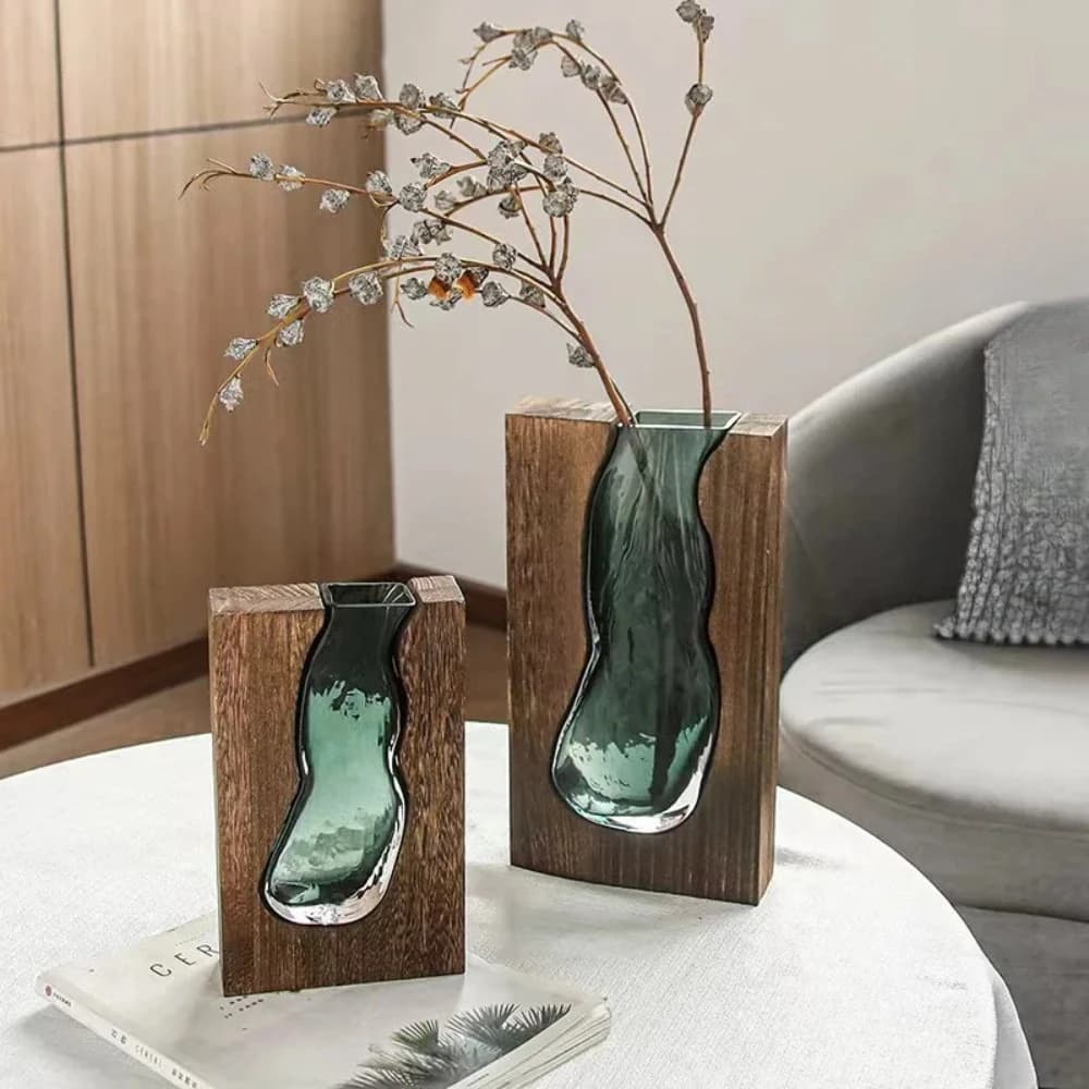 Decorative Glass Vase Modern Nordic Home Decor Minimalist Flower Vase Wooden Base Aesthetic Room Floral Arrangement Display