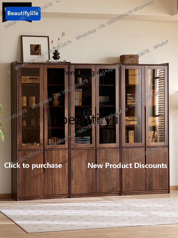 178CC North American black walnut bookcase Nordic all-solid wood glass display cabinet against the wall storage cabinet