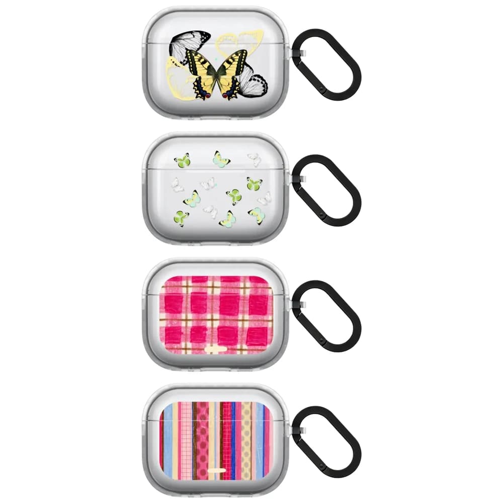 Green Yellow Butterfly TPU Transparent Protective Case for AirPods 4 Pro3 Pro2 Pro Earbuds Charging Box Cover with Hook