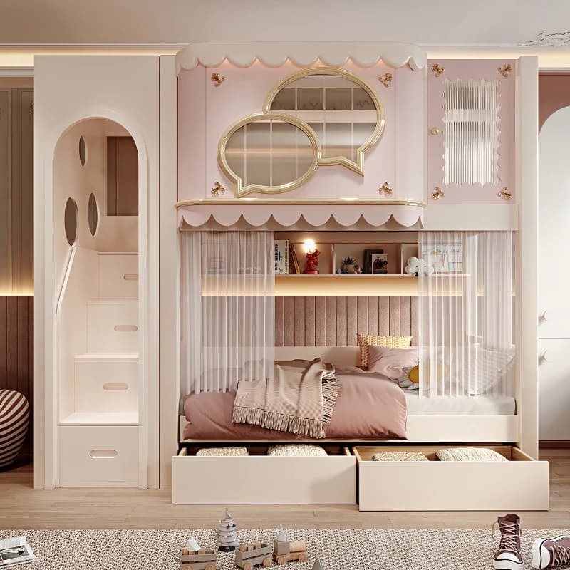 Children's castle bunk beds princess pink bedroom home Bunk bed Storage Comfortable lozko do sypialni sleeping set furniture