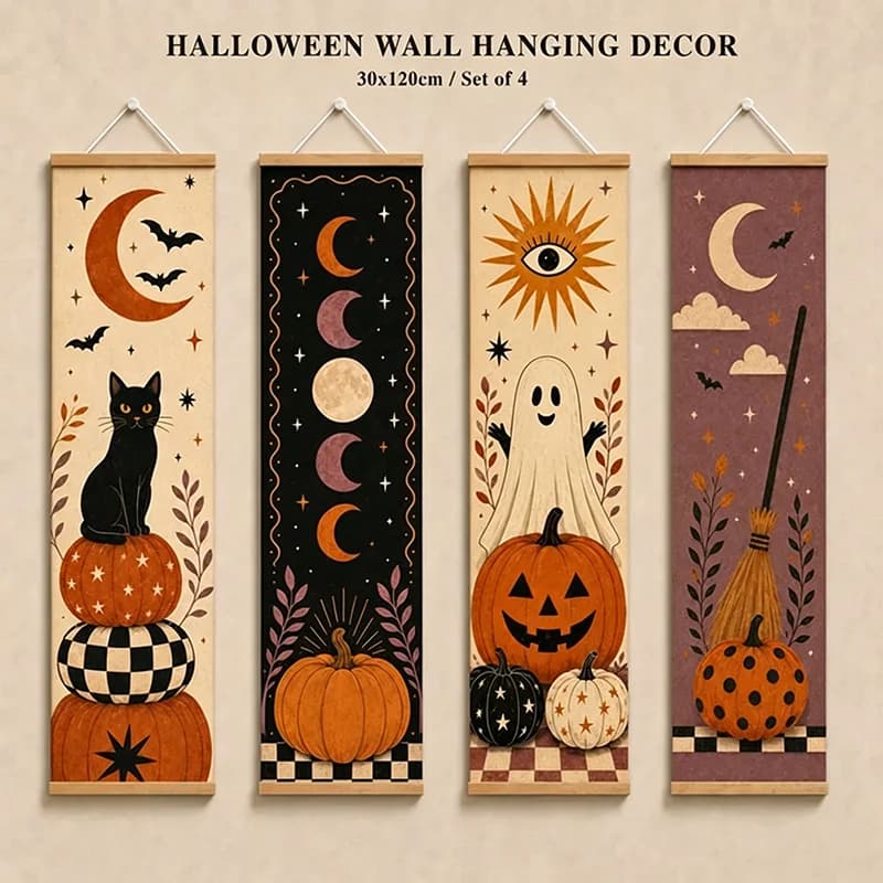 decorative painting Vintage Halloween Wall scroll painting Black Cat Ghost Pumpkins Moon Bats & Broom Decor for Entryway Party