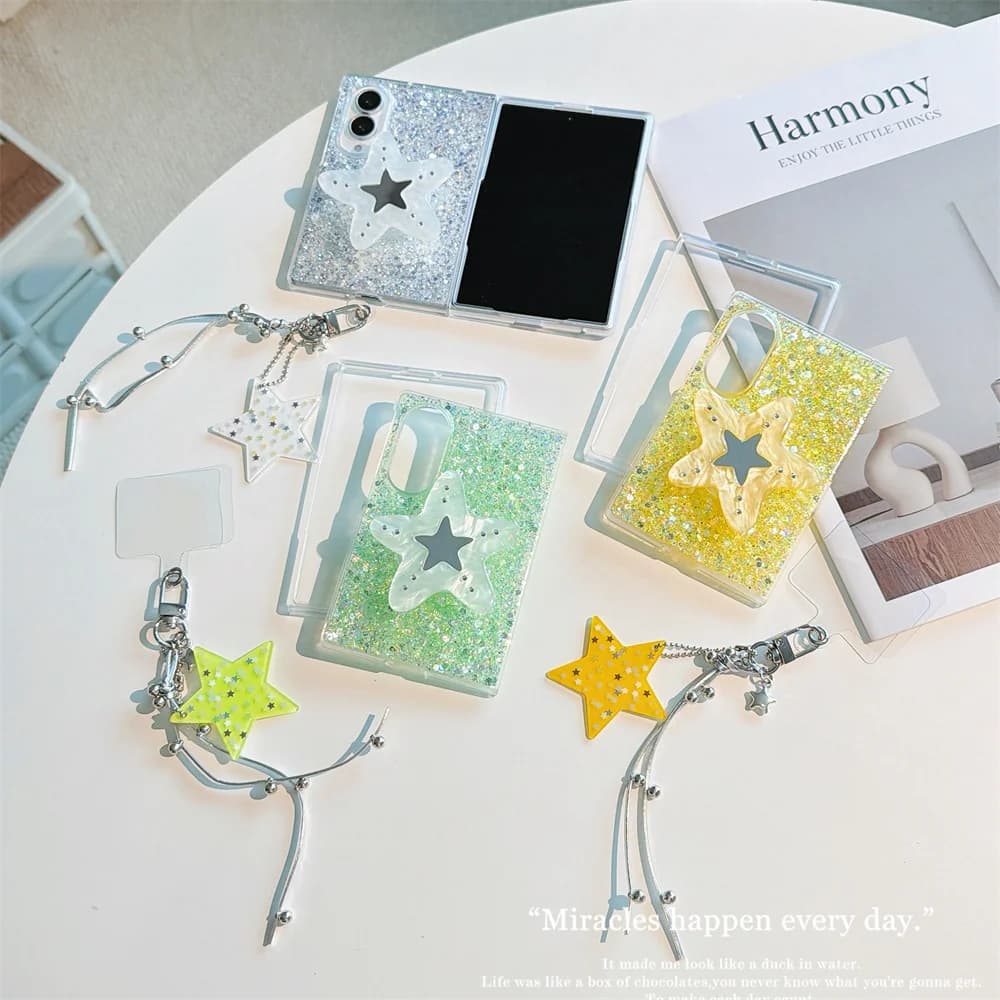 New Korea Cartoon Glitter Colorful Stars Phone Case For iPhone Duo Foldable Protective Cover Cute Cases Girl Shockproof Shell