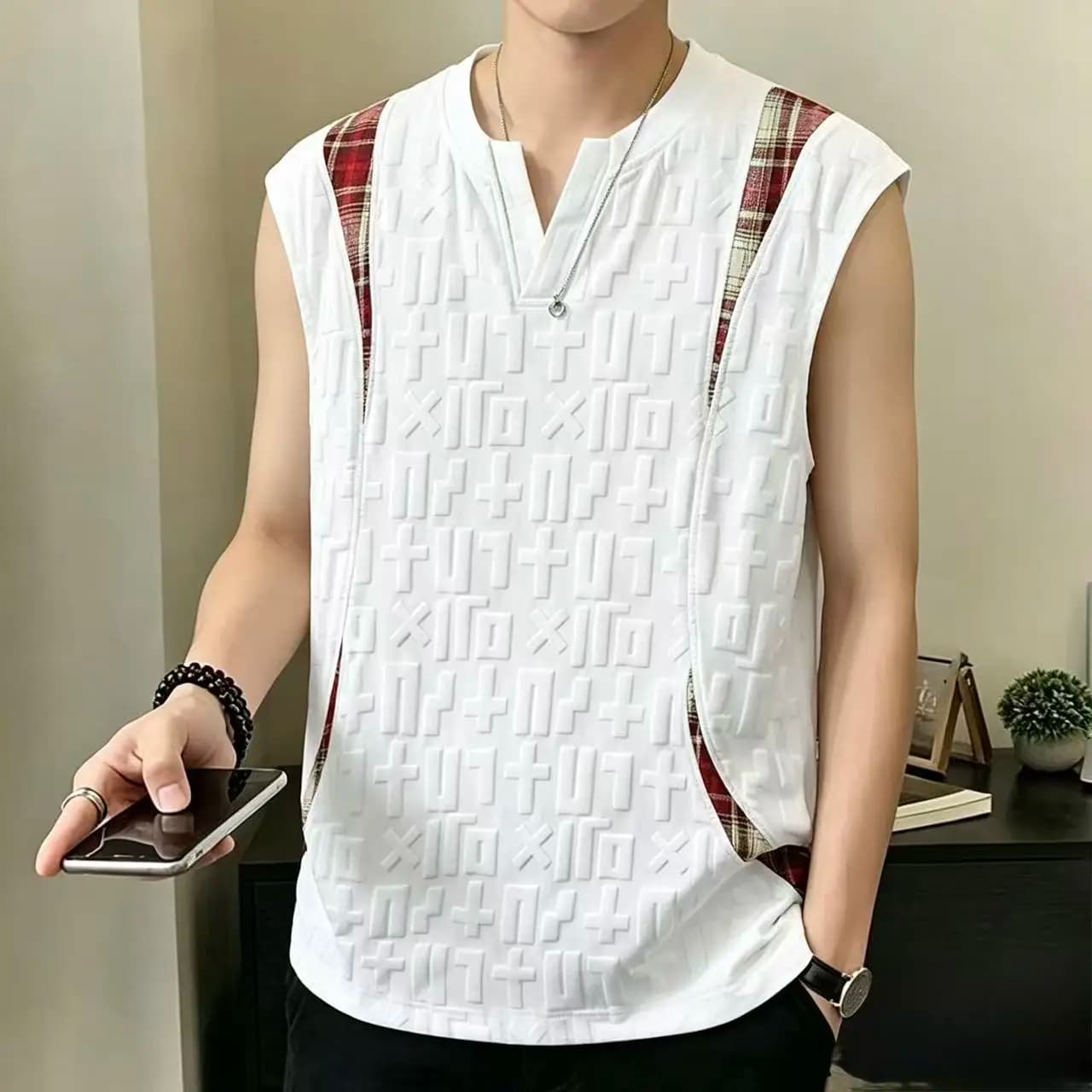 Men's Sleeveless Tank Top with Geometric Embossed Pattern and Plaid Shoulder Straps V Neck Casual Summer Vest