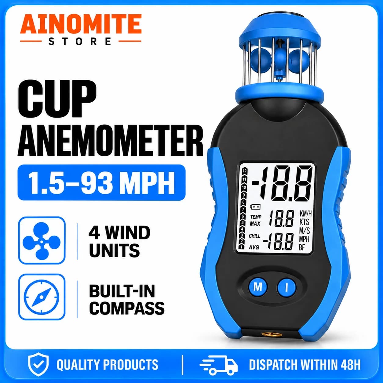 Handheld Cup Anemometer 42m/s, Digital Wind Speed Meter with Compass, Wind Gauge for Outdoor Sailing Drone Hiking Camping