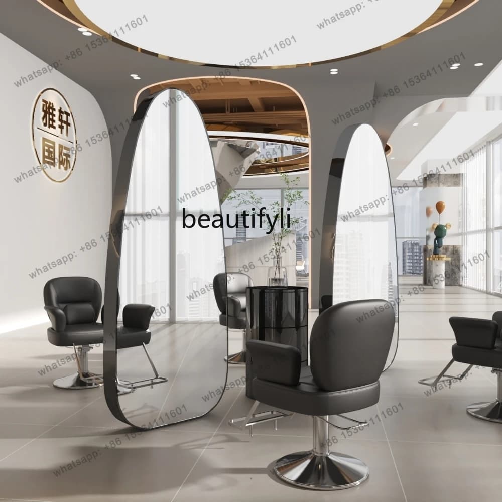 D30 Hair Salon Special Stainless Steel Haircut Mirror with Light, Single and Double Sided Floor Standing Haircut Mirror Stand