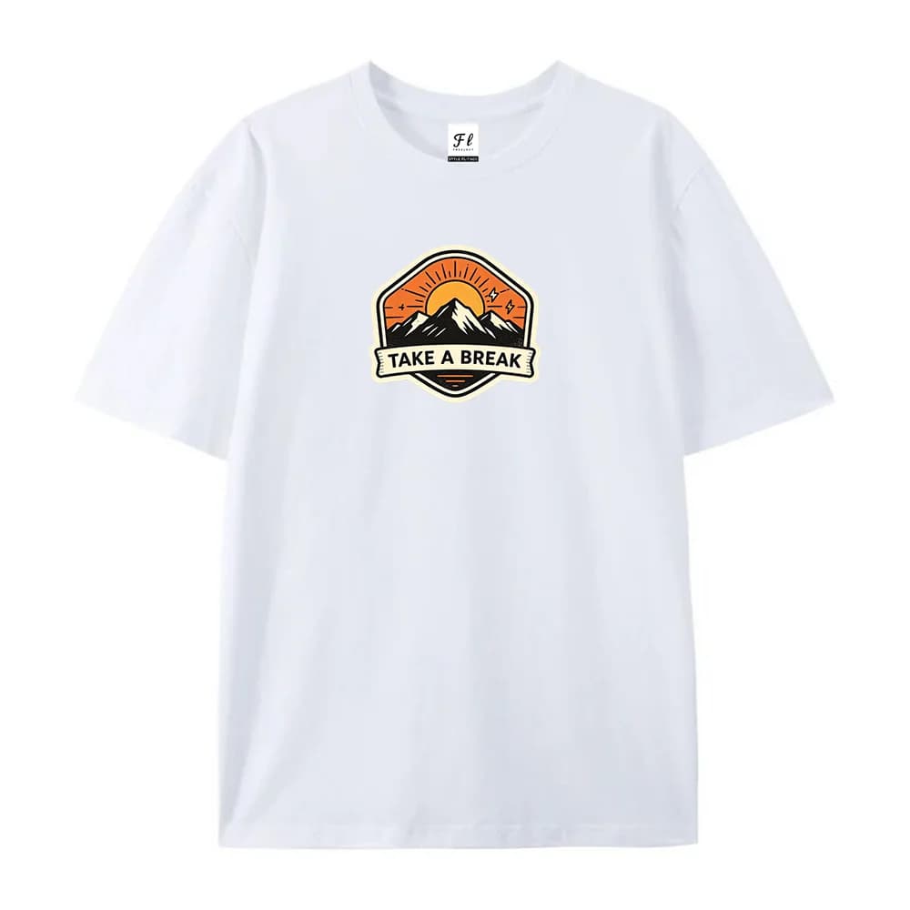 Take A Break Badge Graphic T‑Shirt Retro Outdoor Hiking Print Crew Neck Cotton Fashion Trendy Casual Short‑Sleeve Nature Lover