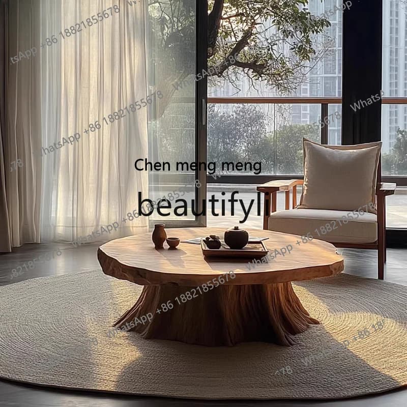 Wabi Sandy Wind Solid Wood Small Round Coffee Table Homestay Medium and Ancient Log Tea Table Retro Old Wooden PierH