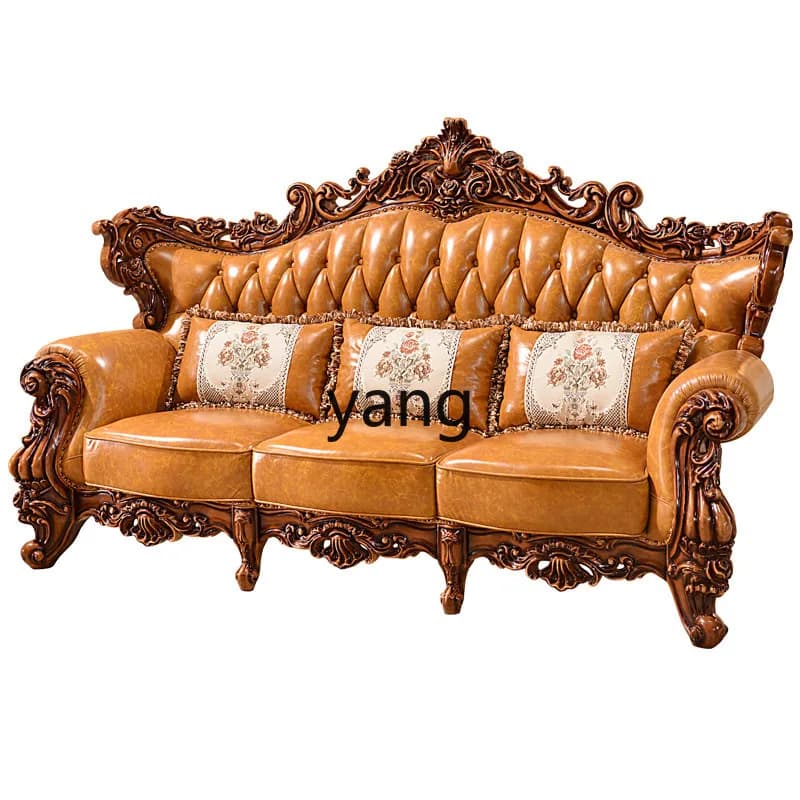 LTT American top layer cowhide solid wood carved living room sofa combination sales office villa sofa