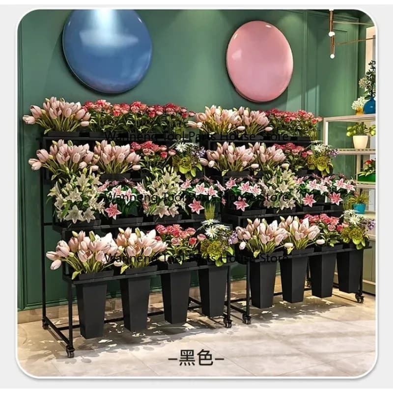 Movable Iron Flower Stand with Ladder Multi-Layer Display for Flower Shop Ready Stock Planters & Flower Buckets Holder