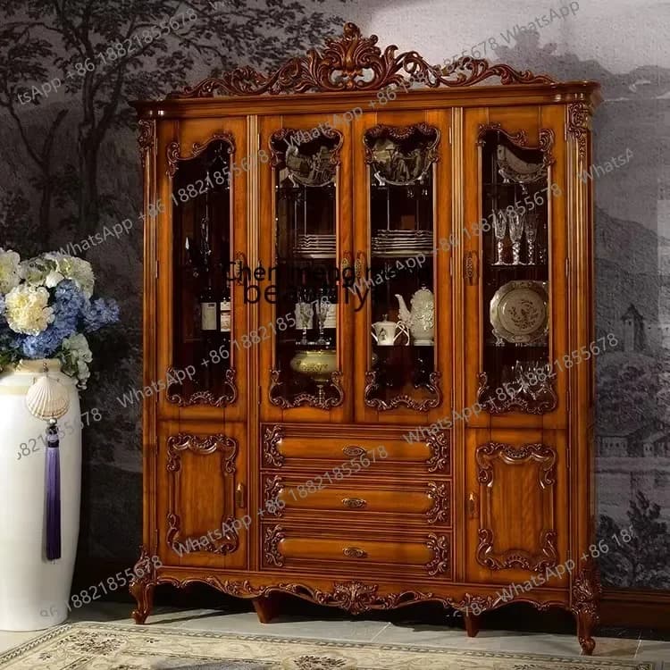 C85 European-Style Four-Door Wine Cabinet American Style Luxury Glass Door Wall Tea Cabinet Mansion Bookcase Furniture