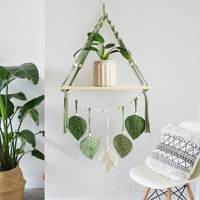 Macrame Wall Hanging Shelf Handmade Cotton Woven Leaf Wooden Floating Shelf Boho Wall Decor Plant Rack for Bedroom Living Room