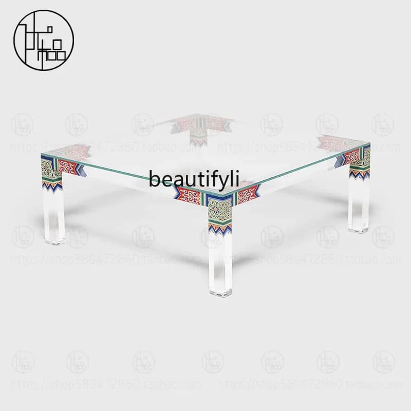 Chinese Style Square Coffee Table Transparent Light Luxury Home Side Table Nordic Bedroom Corner Table Sofa Side Cabinet