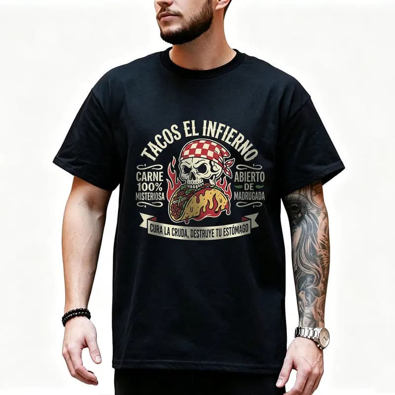 Demonic skull eating taco Mexican Street Food Graphic T Shirt Retro Dark Humor Mexican Culture Halloween Alternative Art Tee