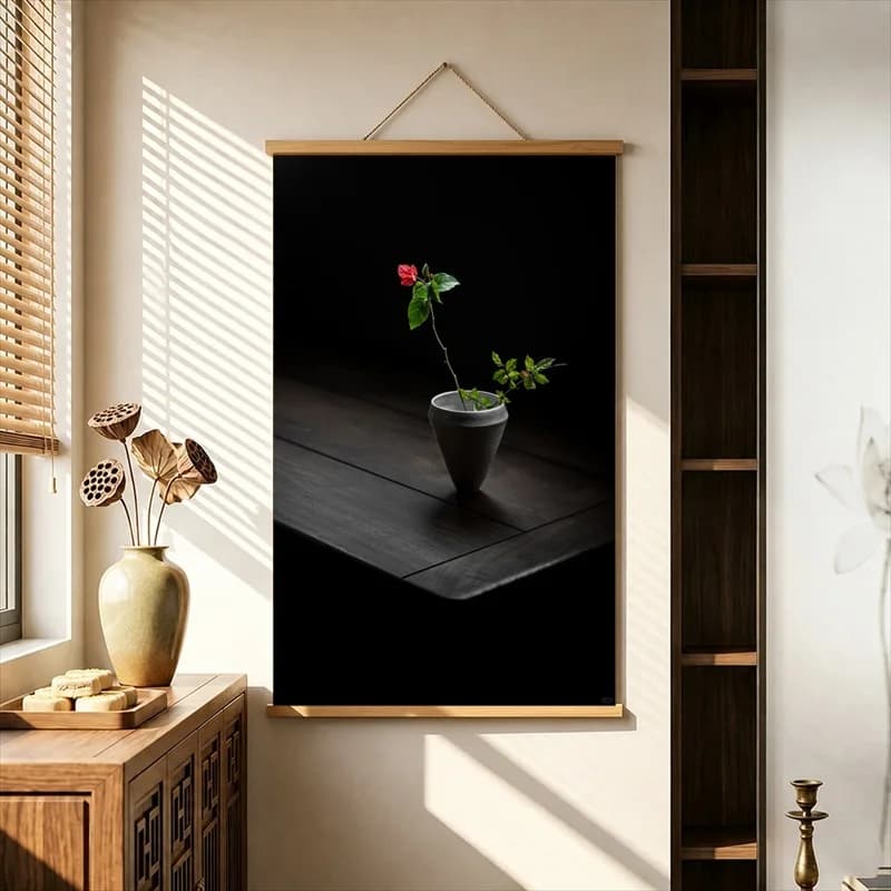 Wall Decor Minimal Floral Arrangements against Black Walls, Pearlescent Canvas Hanging Scroll for Tea Ceremony Room Wall Decor