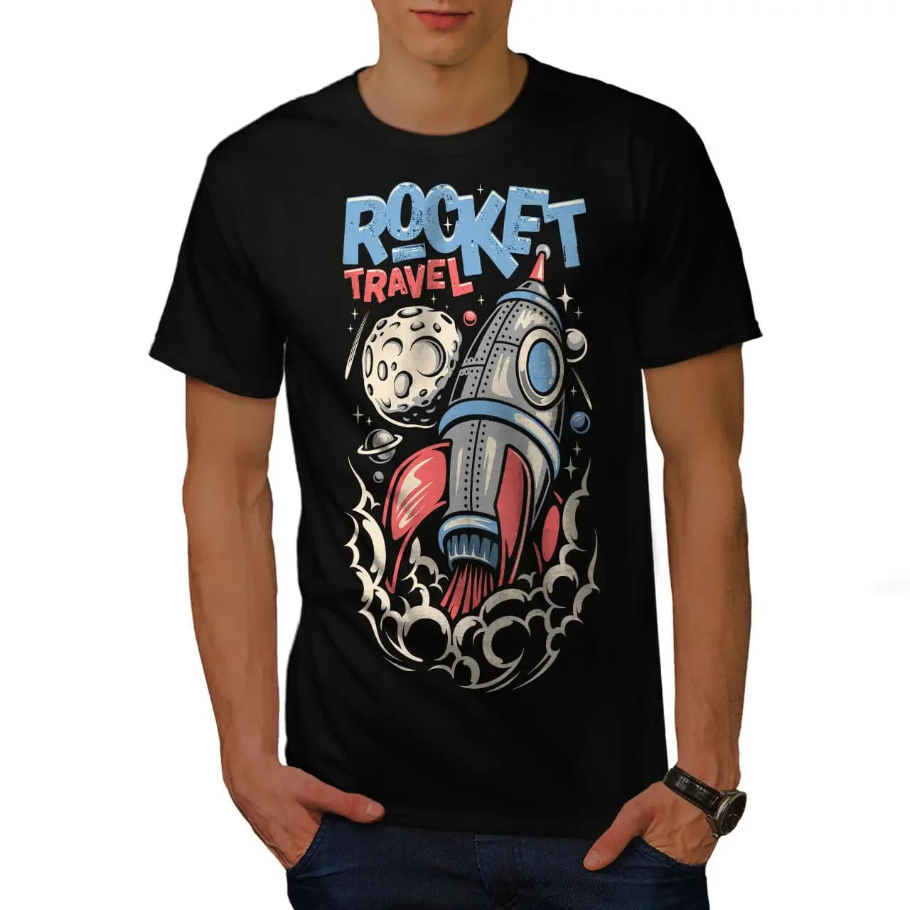 Moon Space Rocket Travel Cartoon Graphic Printed T-Shirt 100% Cotton O-Neck Short Sleeve Summer Casual Mens T-shirt Streetwear