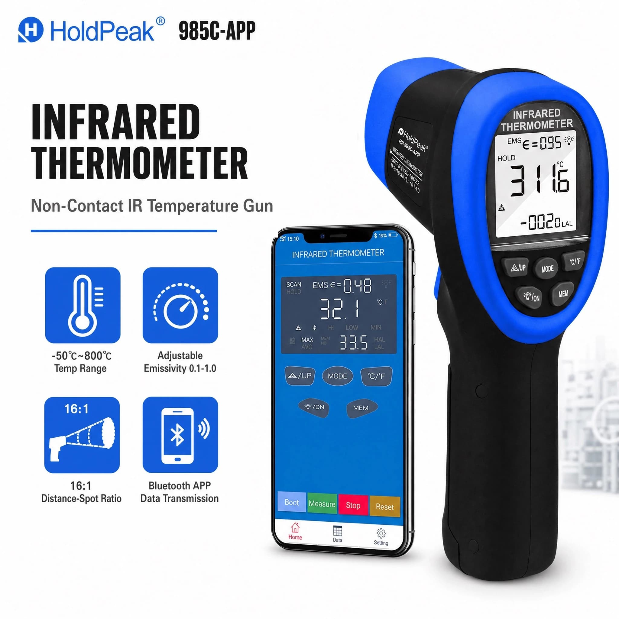 HoldPeak Infrared Thermometer Gun -50~800℃ Non-Contact Laser Bluetooth APP 16:1 Adjustable Emissivity High Accuracy HVAC Tester